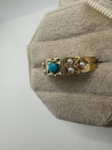 9ct gold turquoise and pearl 7 stone gypsy ring
