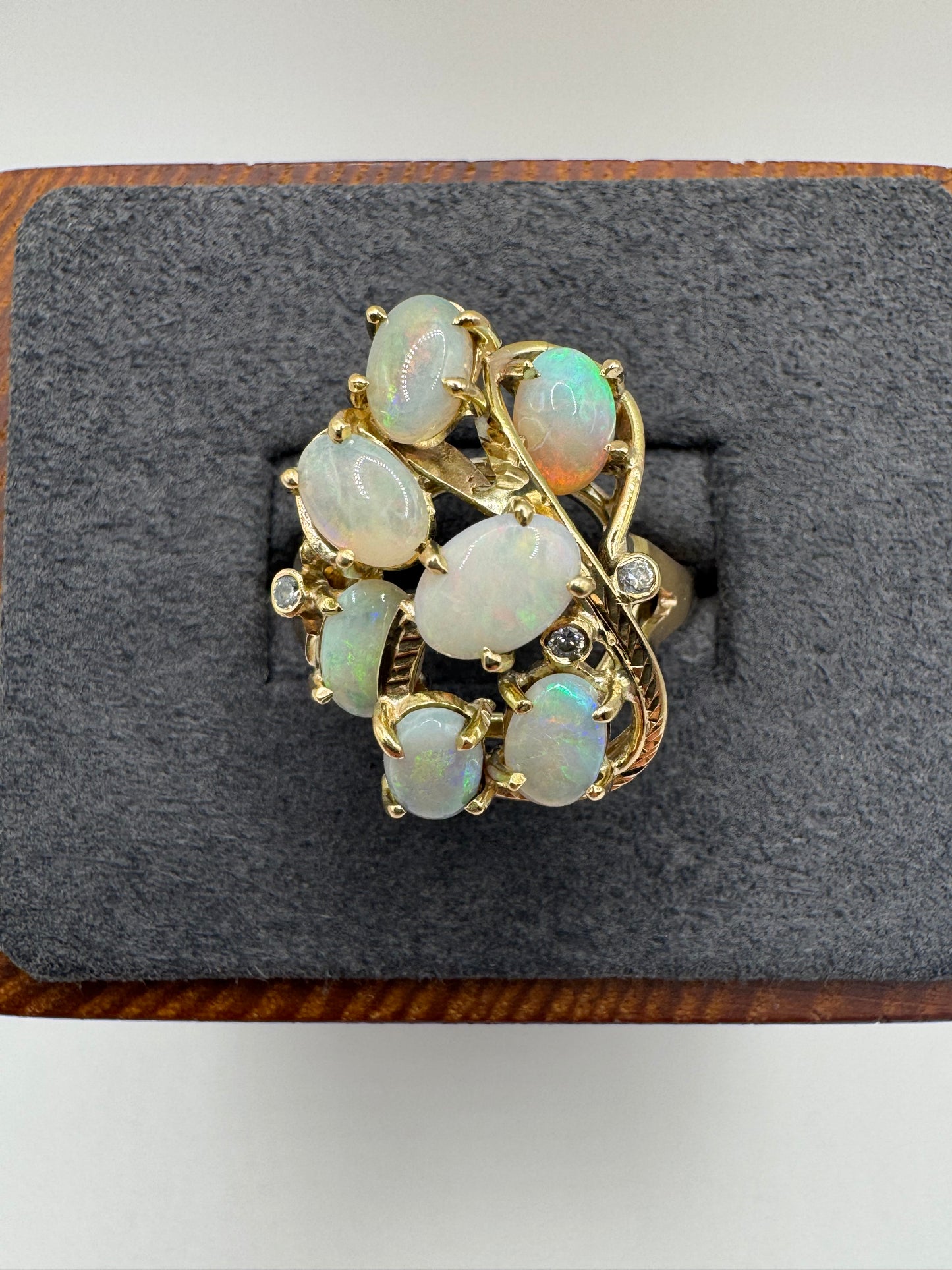 Heavy 9ct gold opal and diamond cluster ring
