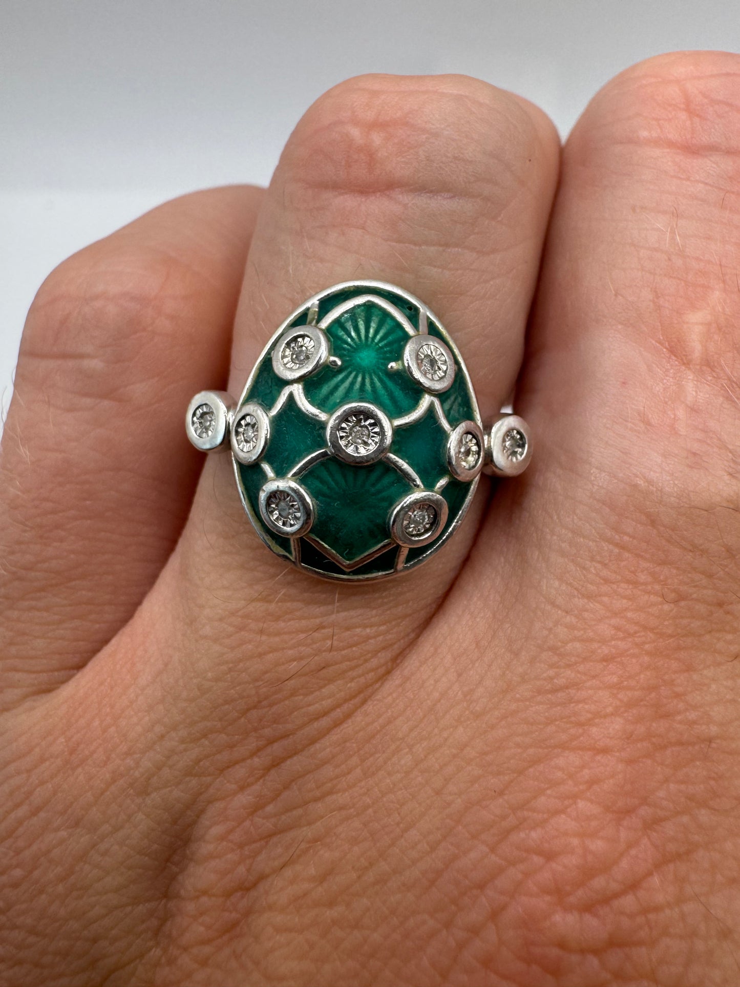 Silver enamelled diamond ring