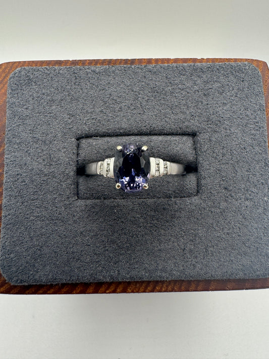 9ct white gold iolite and diamond ring