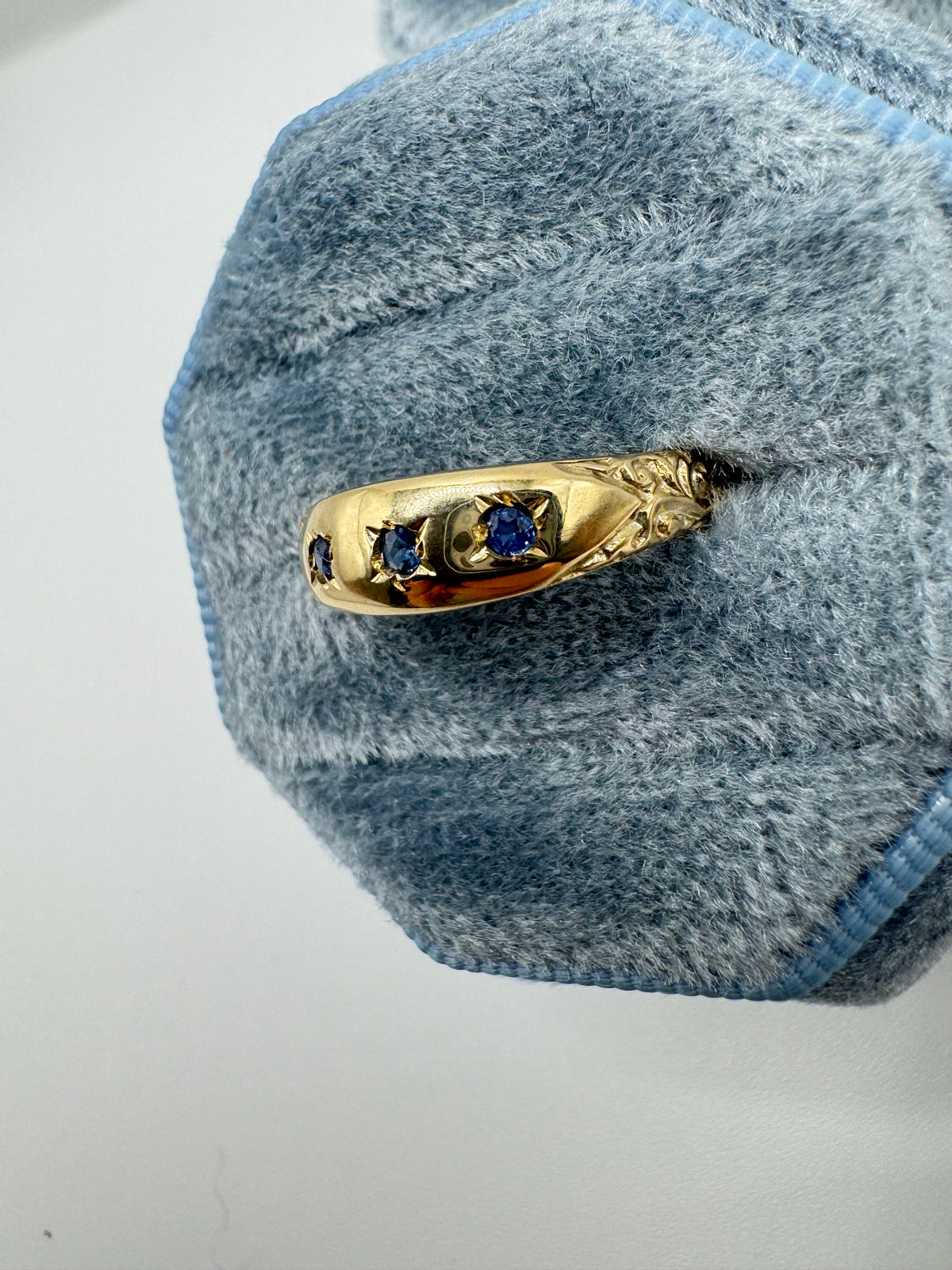 9ct gold engraved London blue topaz gypsy ring