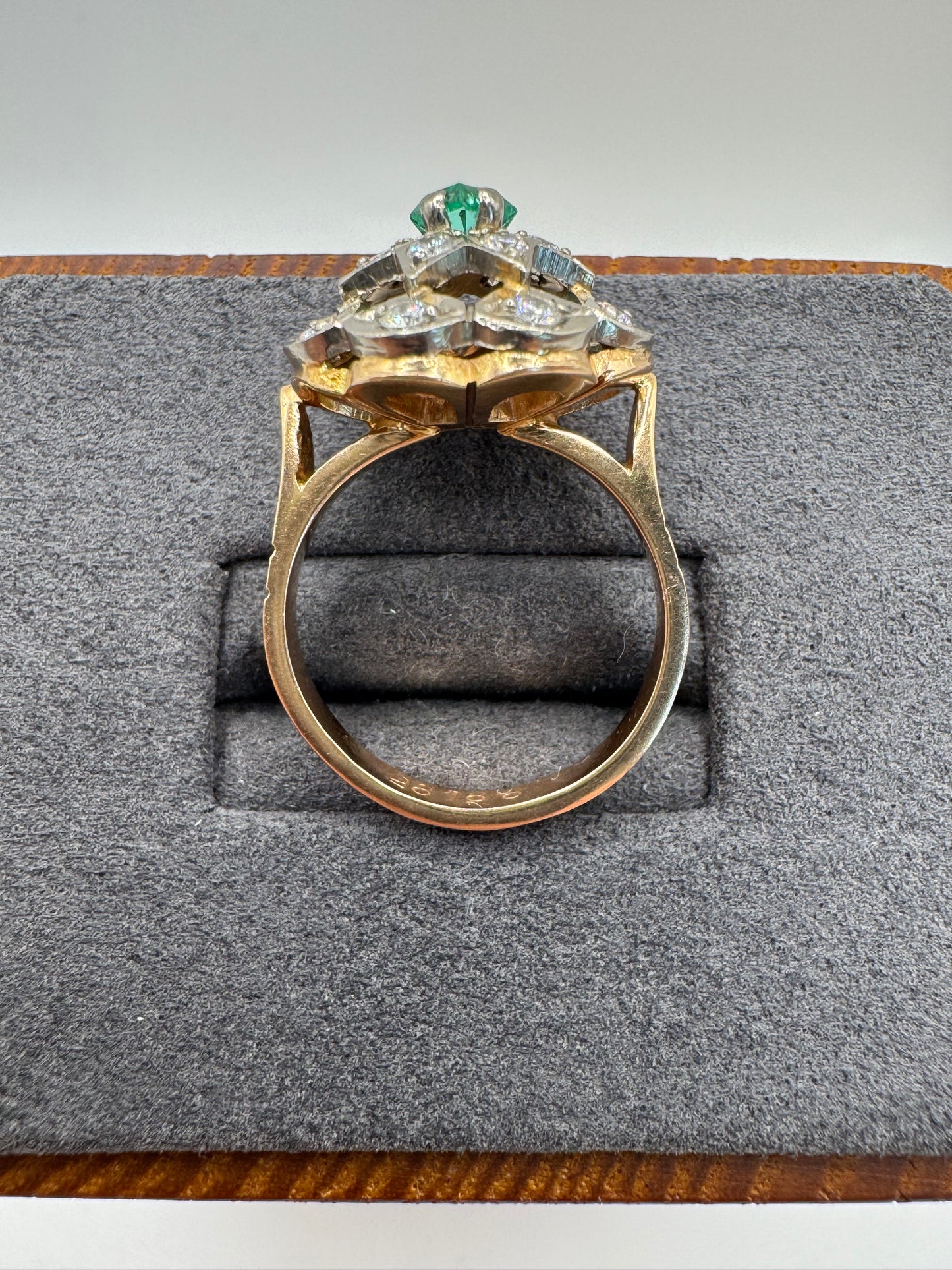 Antique 18ct gold emerald and diamond cluster ring