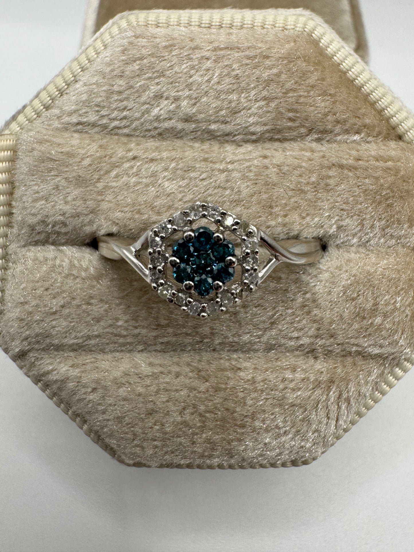 9ct white gold blue and white diamond cluster ring