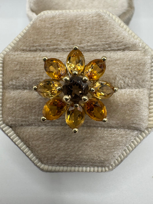 9ct gold Smokey quartz and citrine cluster ring