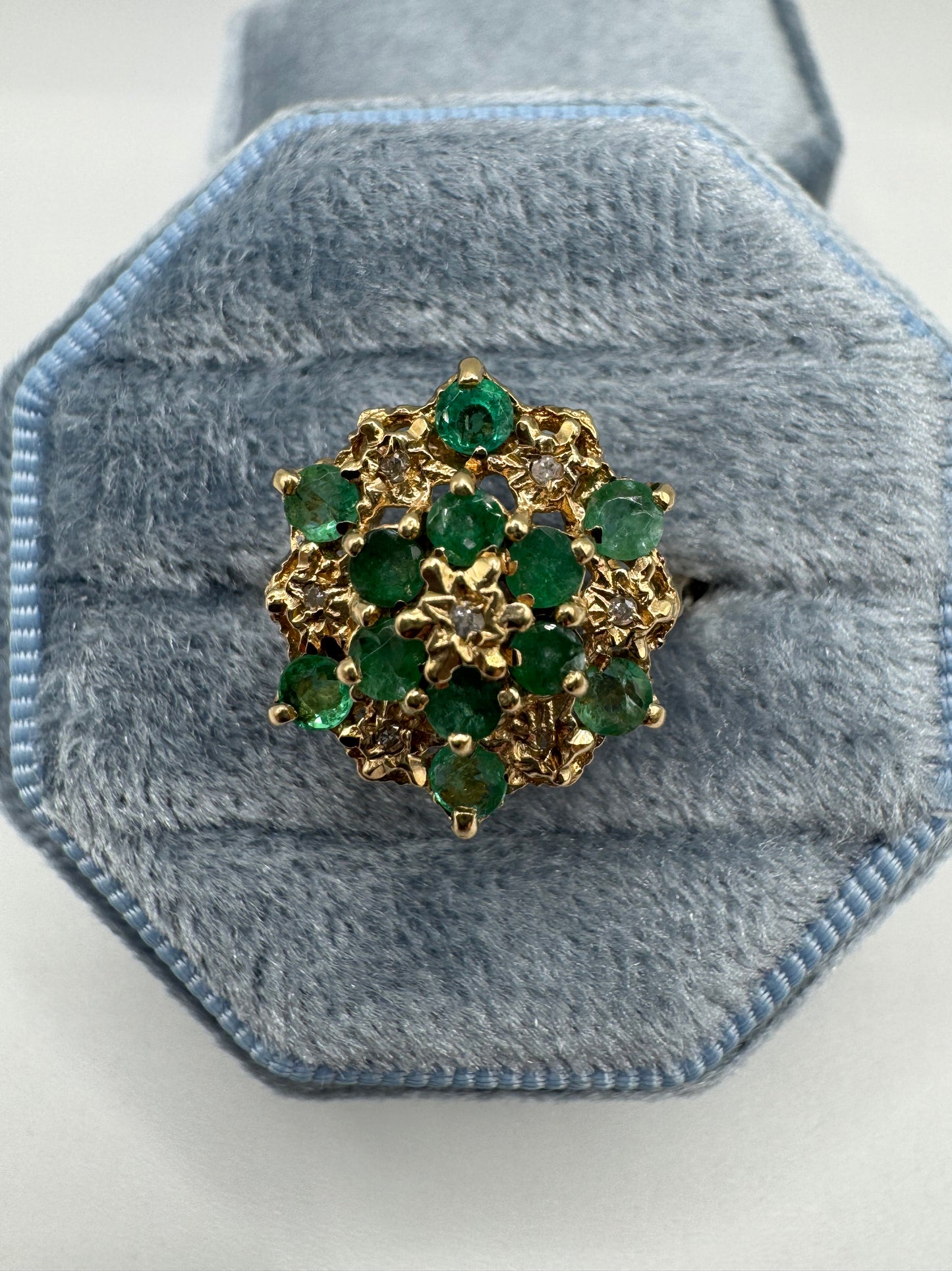 9ct gold emerald and diamond cluster ring