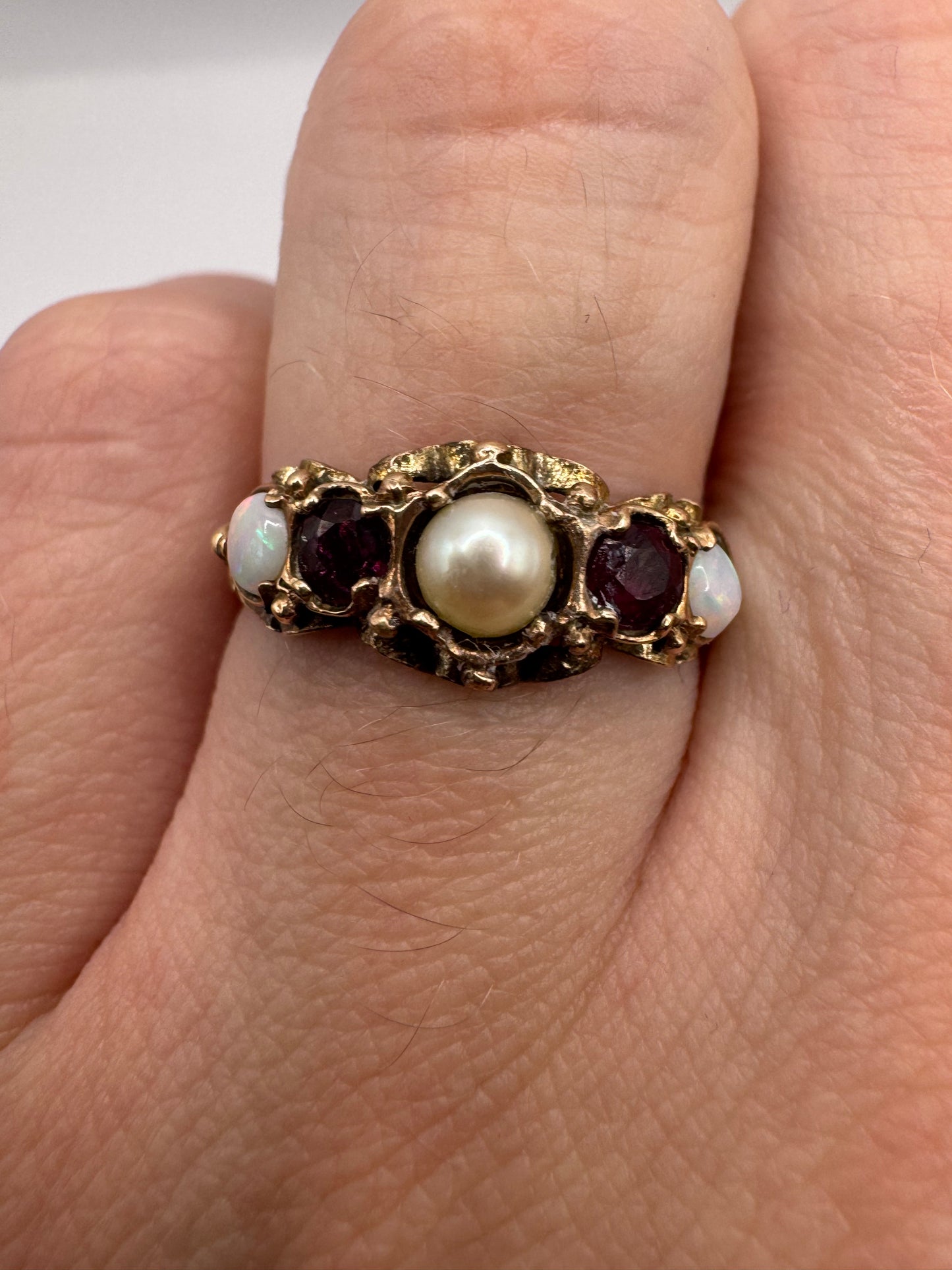9ct gold pearl, ruby and opal ring
