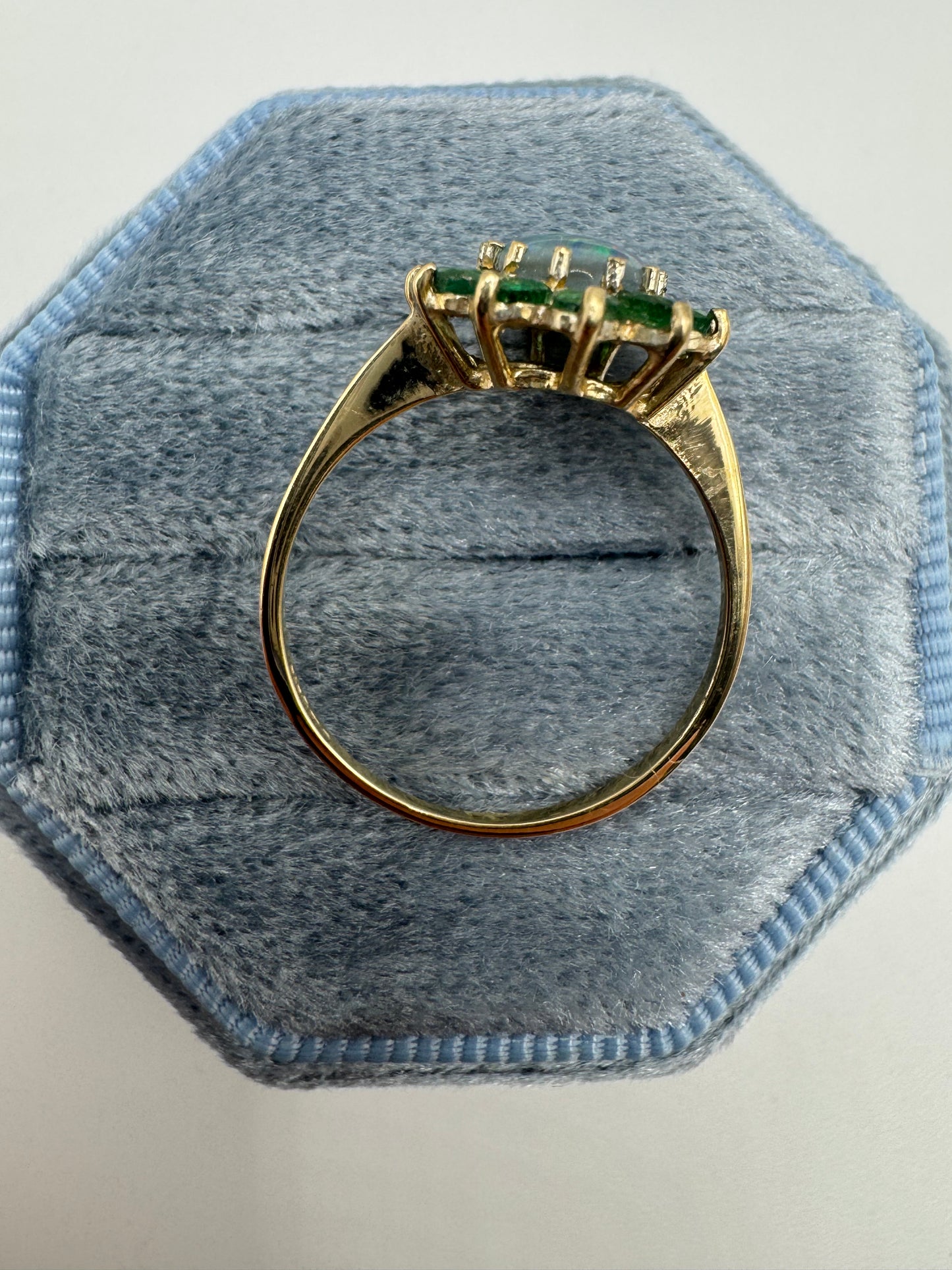 9ct gold black opal triplet and emerald cluster ring