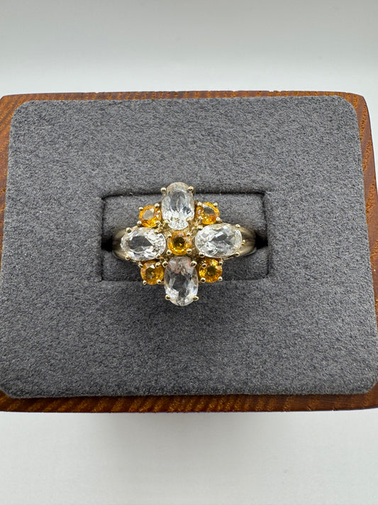 9ct gold citrine and topaz cluster ring