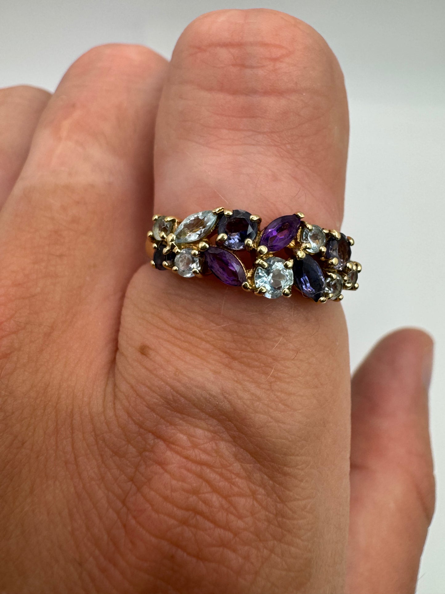 9ct gold amethyst, tanzanite and topaz ring