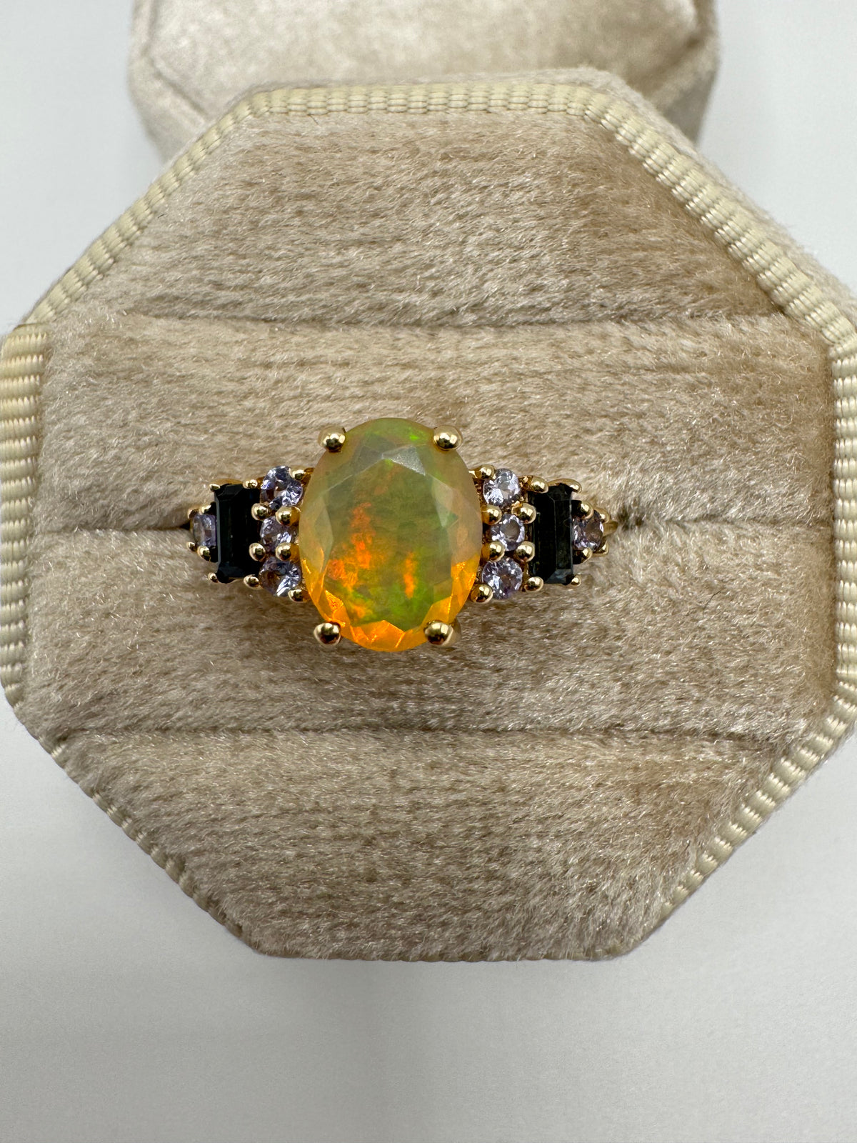 9ct gold opal, topaz and tanzanite ring