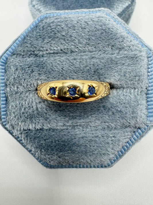 9ct gold engraved London blue topaz gypsy ring