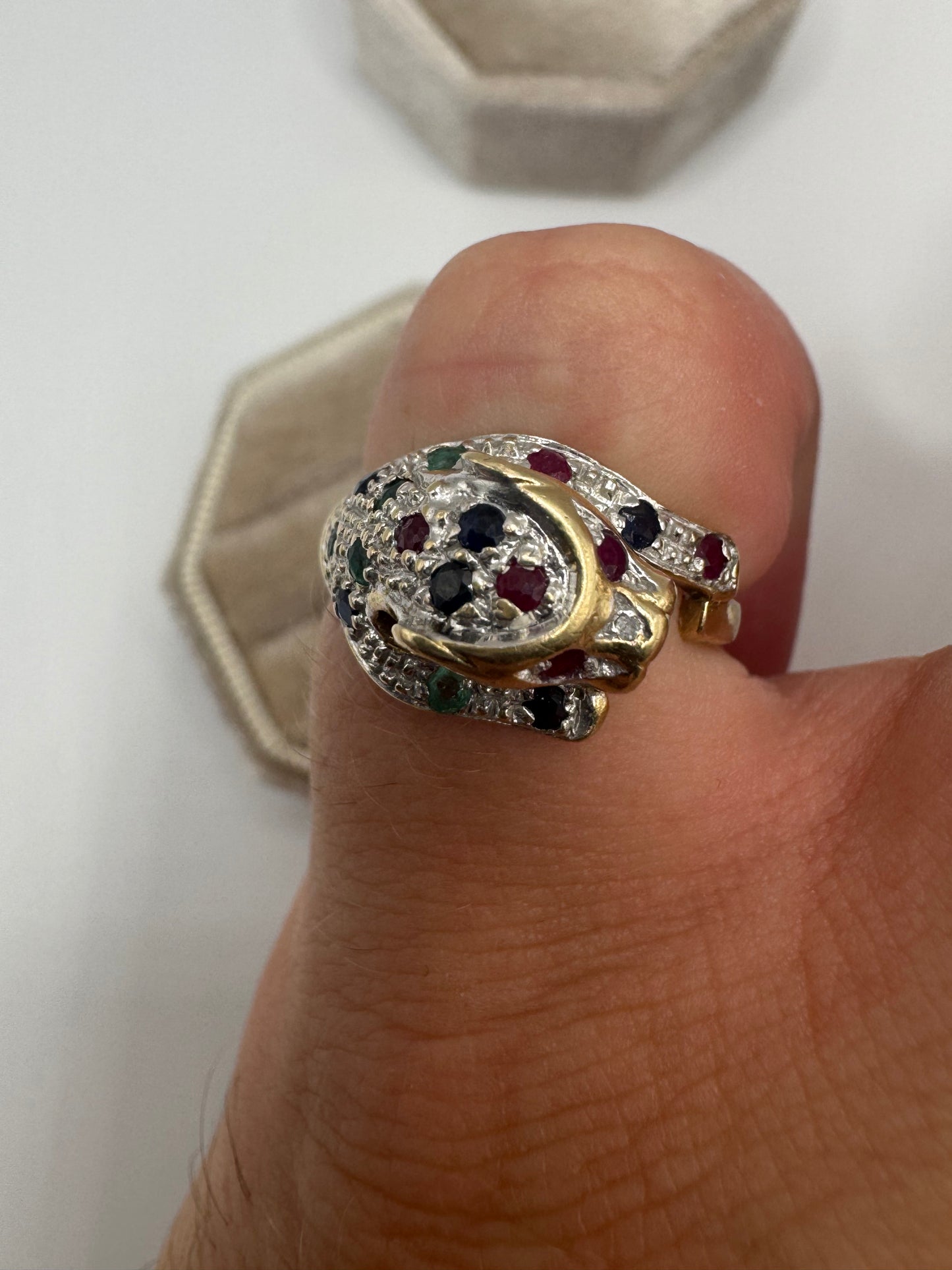 9ct gold ruby, sapphire, emerald and diamond leopard ring