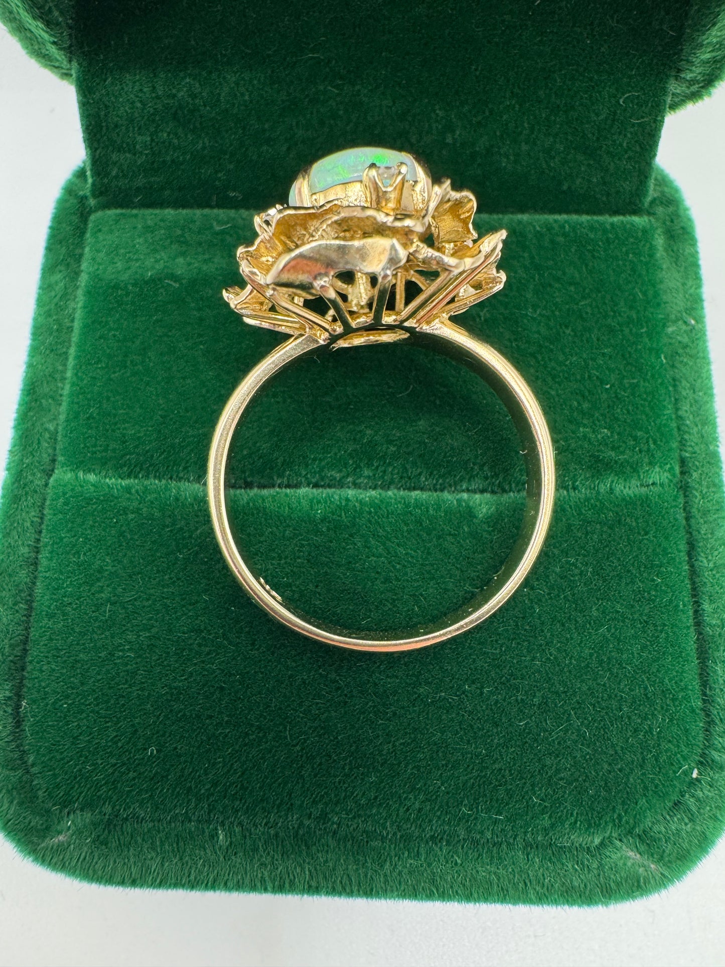 Heavy 9ct gold opal and diamond flower ring