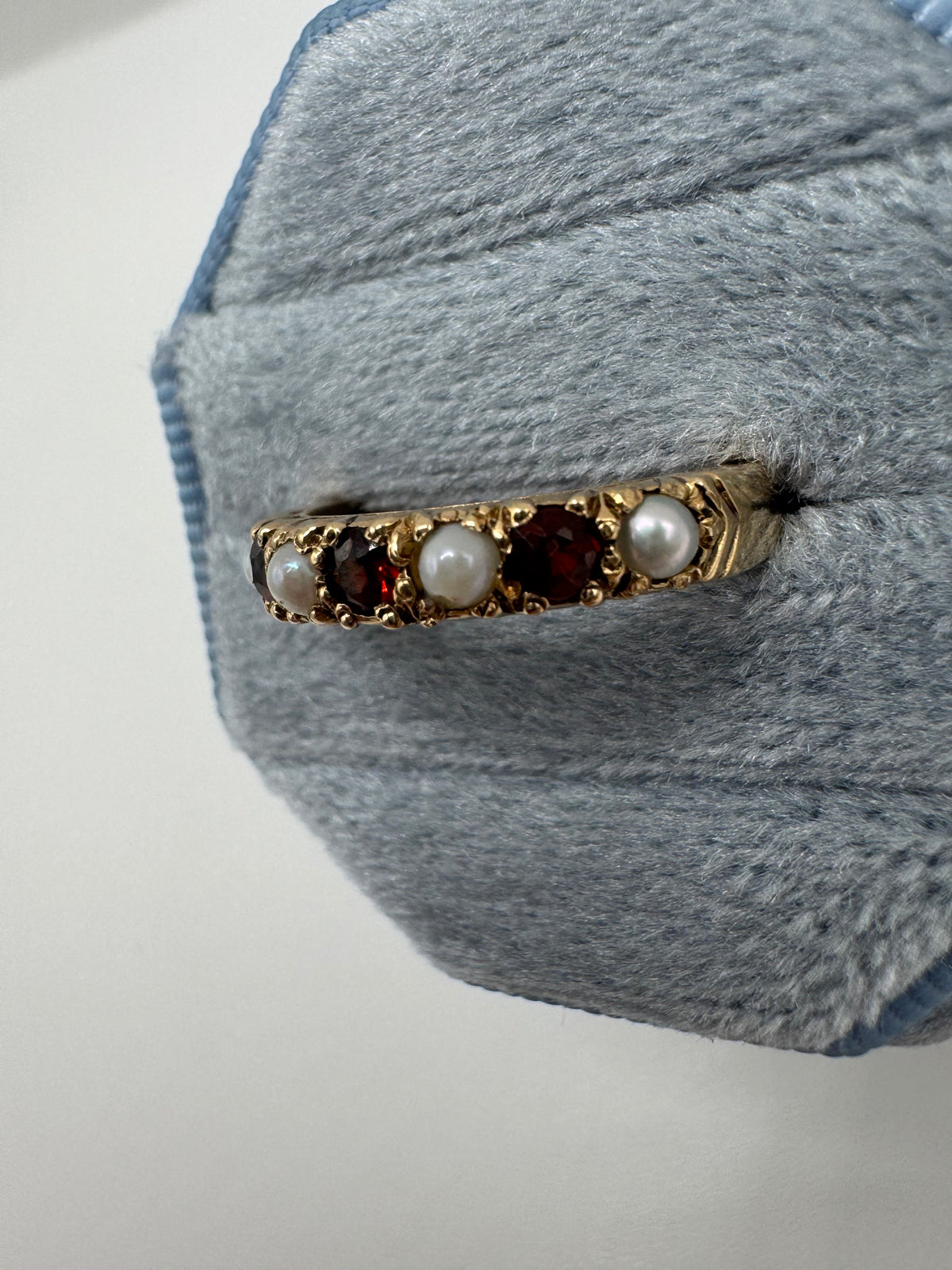 9ct gold garnet and pearl half eternity ring