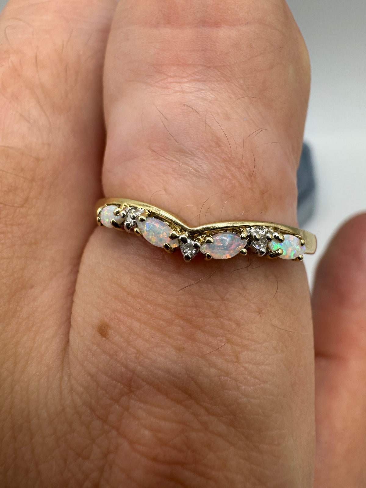9ct gold opal and diamond wishbone ring