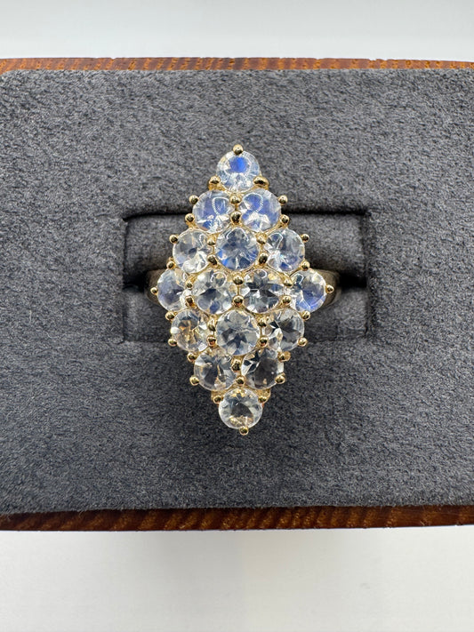 9ct gold rainbow moonstone navette ring