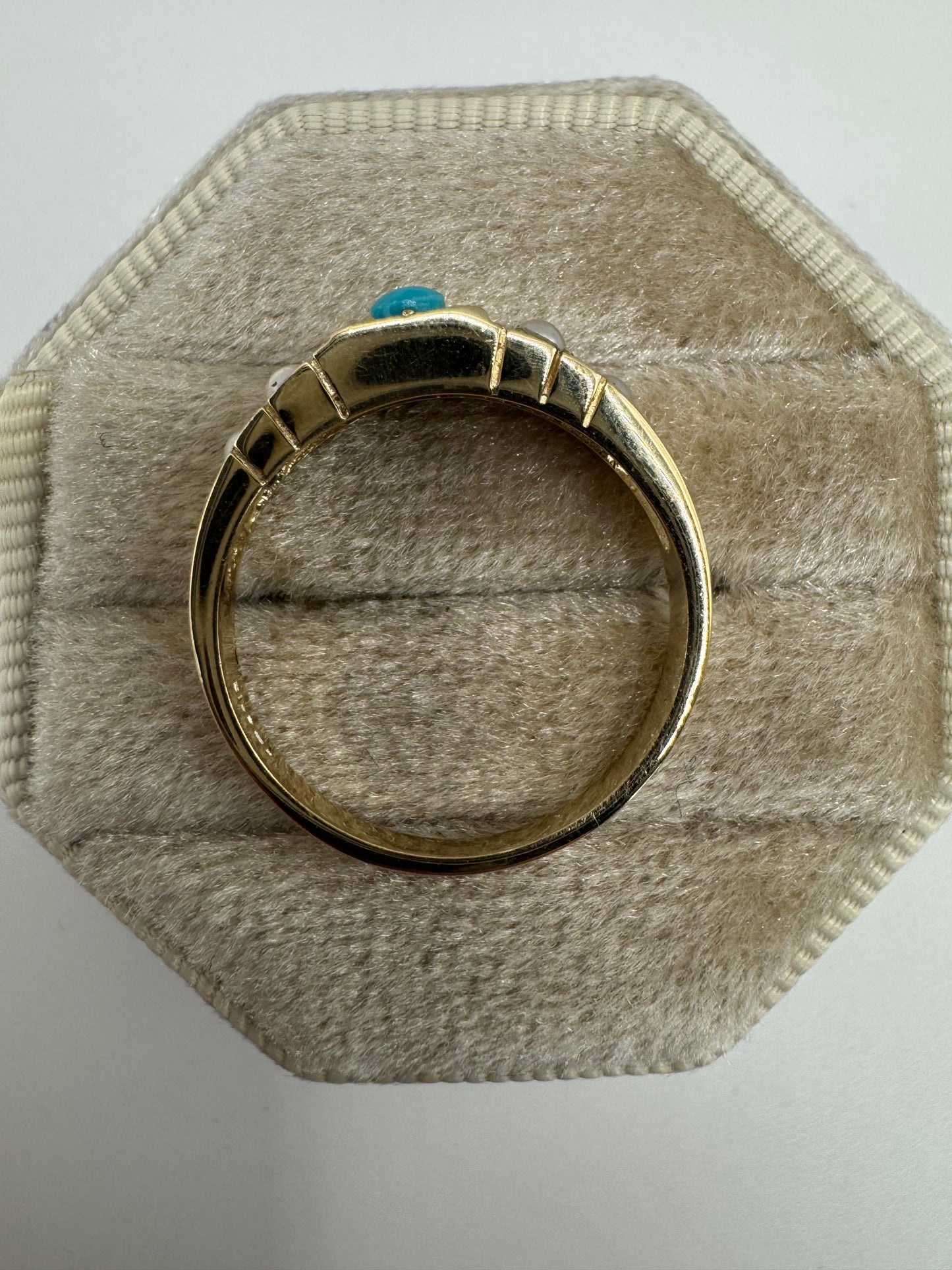 9ct gold turquoise and pearl 7 stone gypsy ring