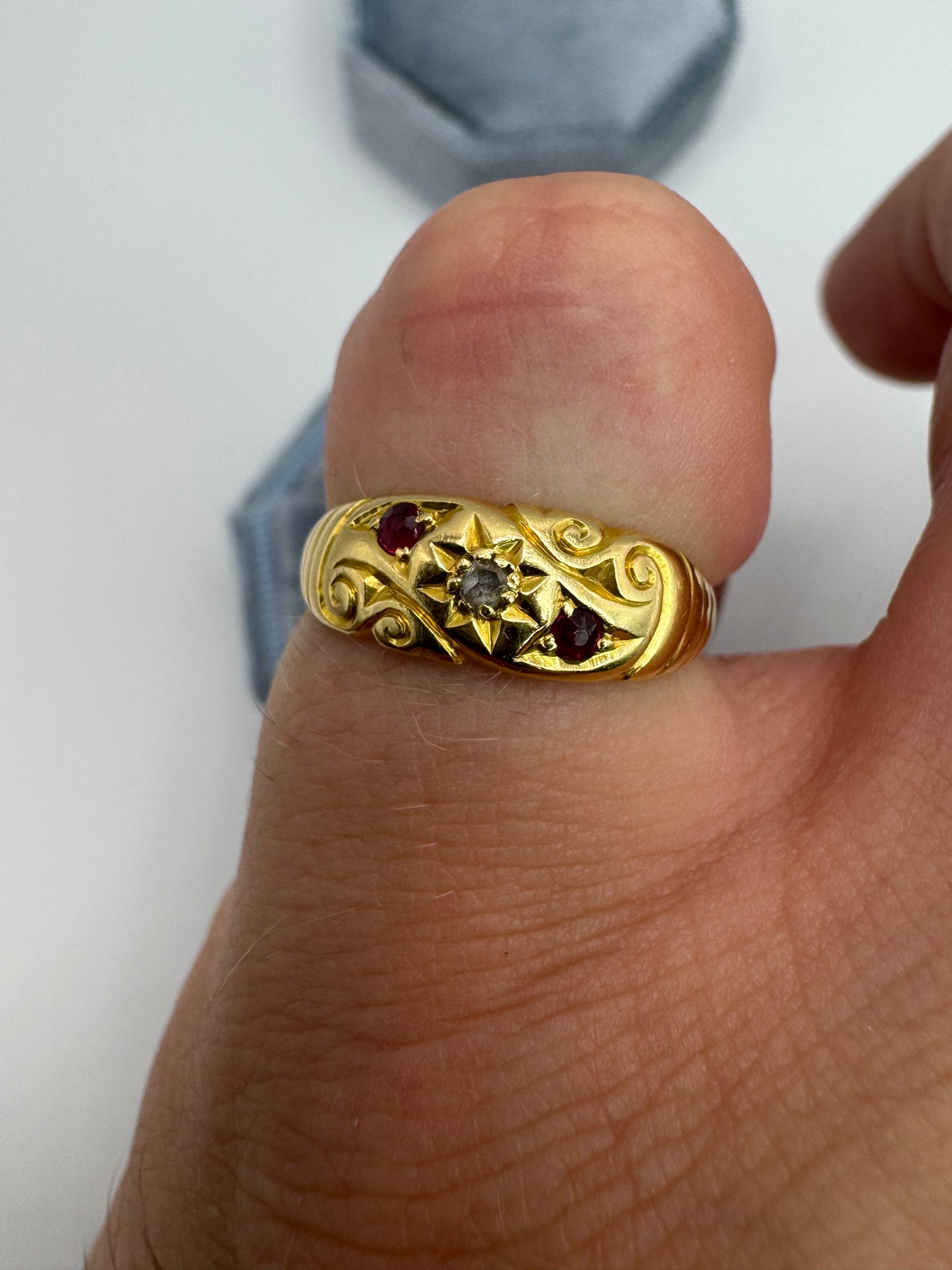 Antique 18ct gold ruby and diamond engraved gypsy ring