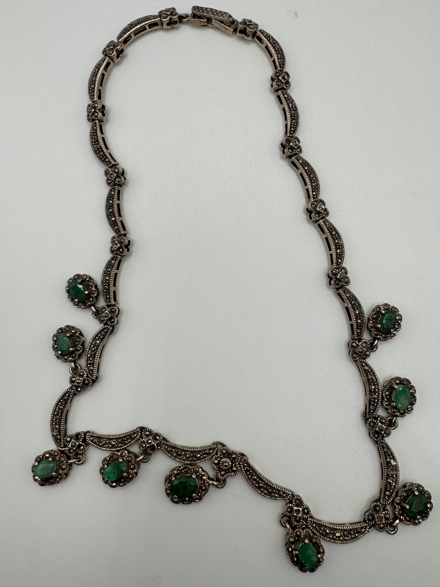 Heavy silver emerald and marcasite necklace