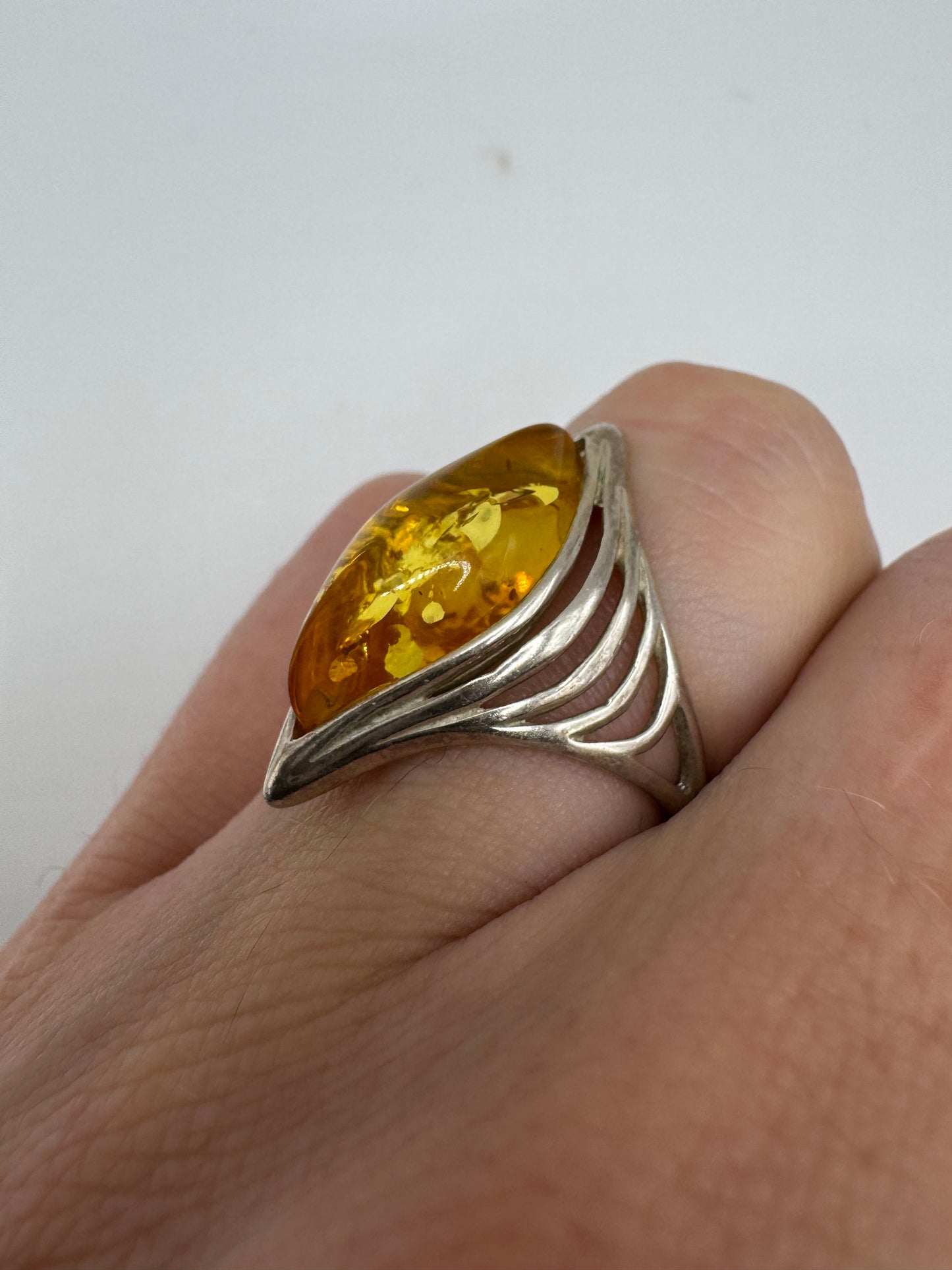 Silver amber ring