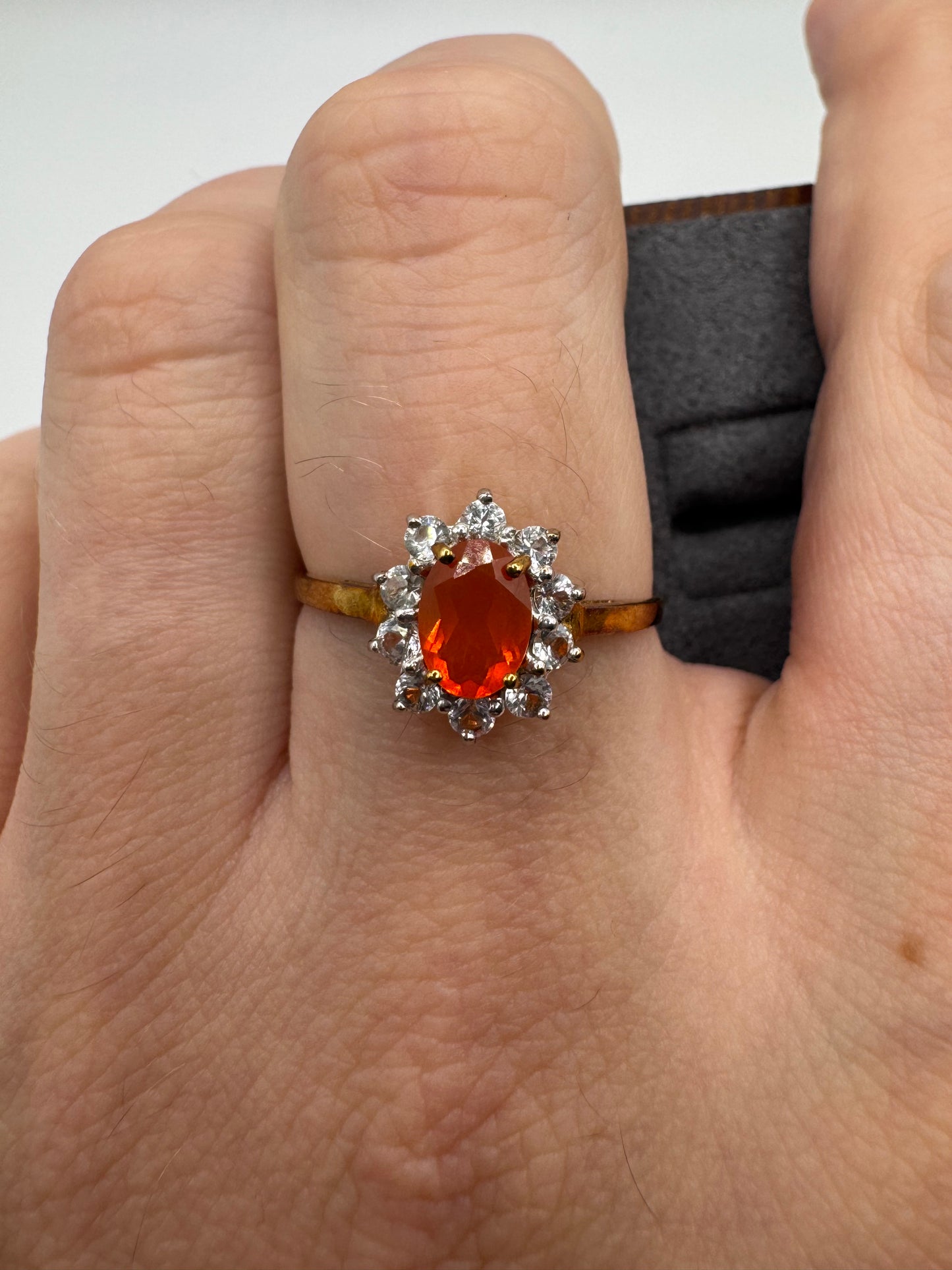 9ct gold fire opal and cz ring