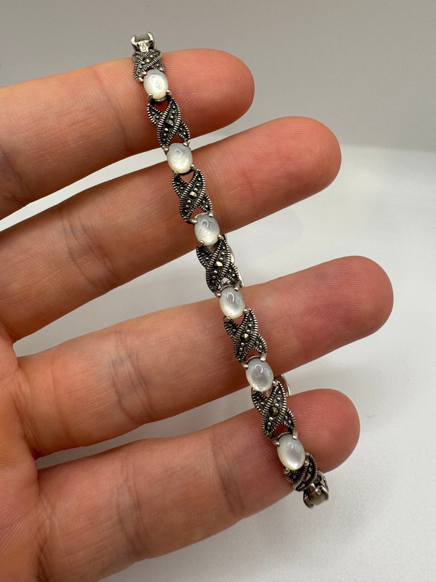 Silver mother of pearl and marcasite bracelet