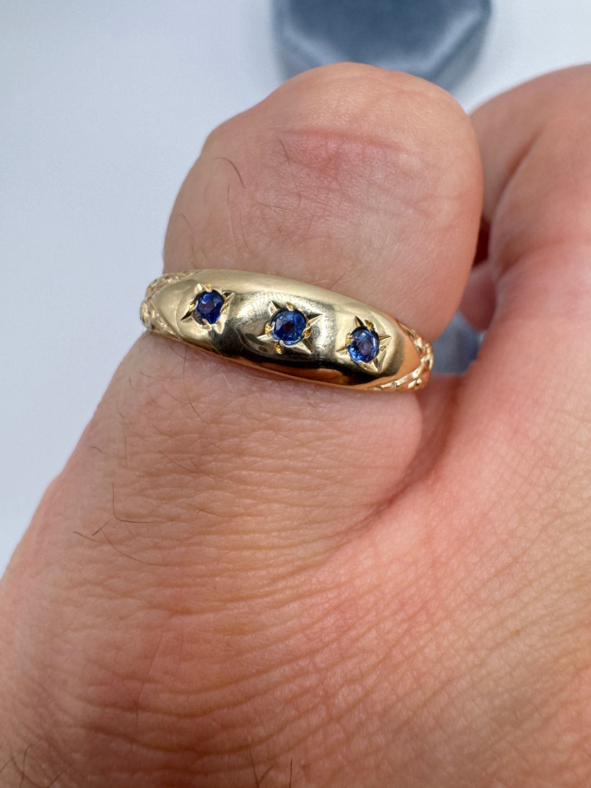 9ct gold engraved London blue topaz gypsy ring