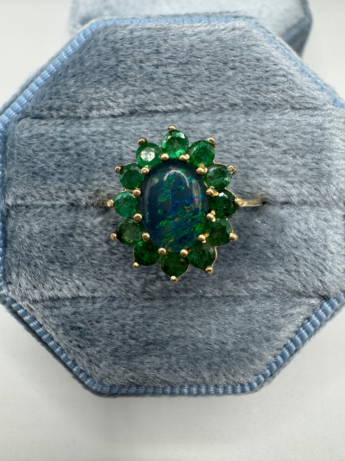 9ct gold black opal triplet and emerald cluster ring