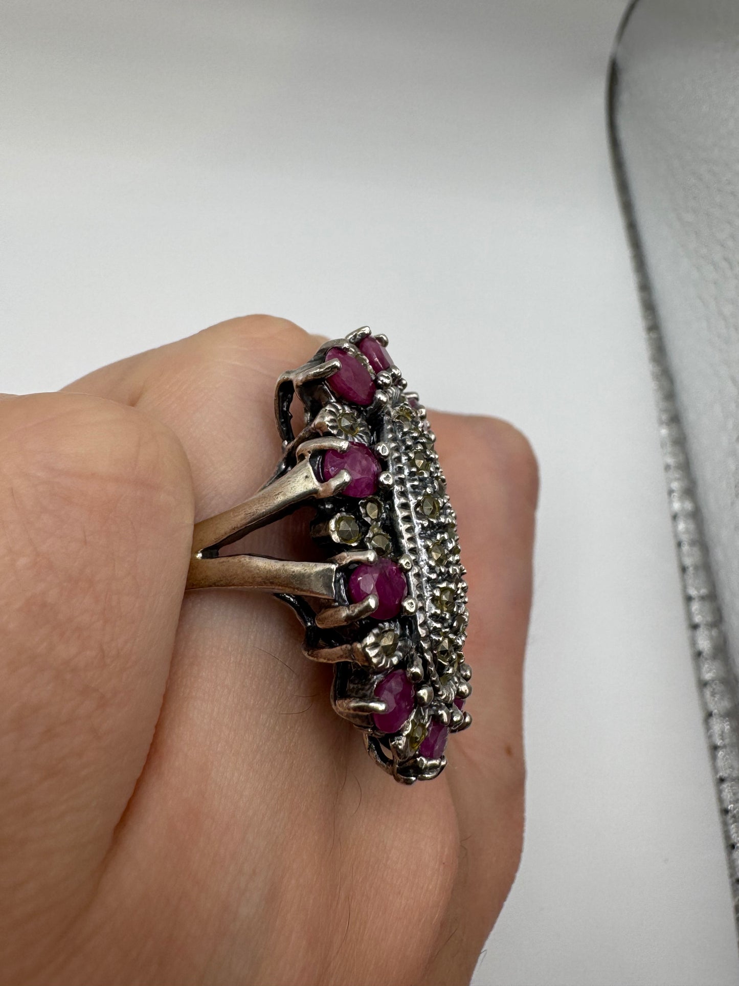 Silver Ruby and marcasite ring (8.25-Q1/2)