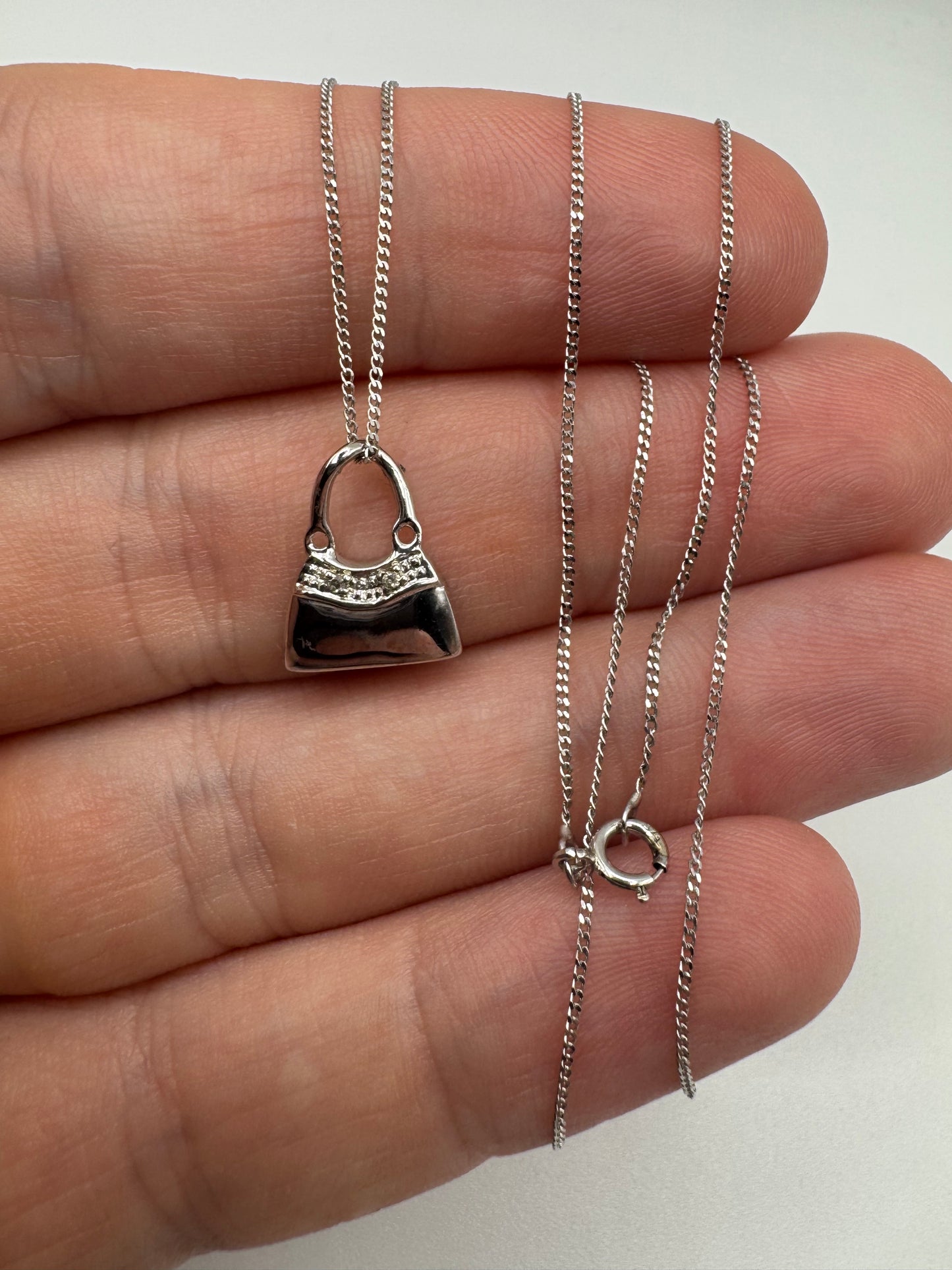9ct white gold diamond handbag necklace