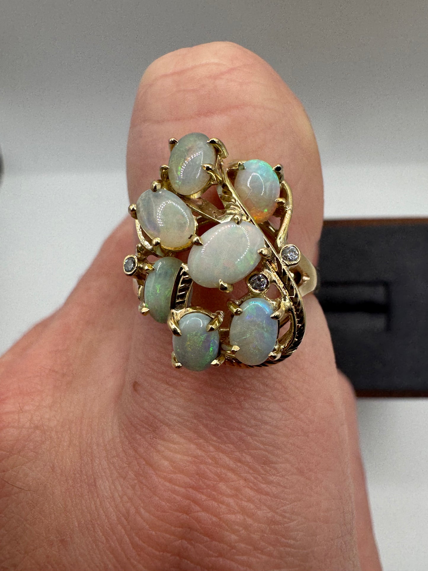 Heavy 9ct gold opal and diamond cluster ring