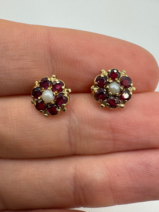 9ct gold pearl and garnet cluster earrings