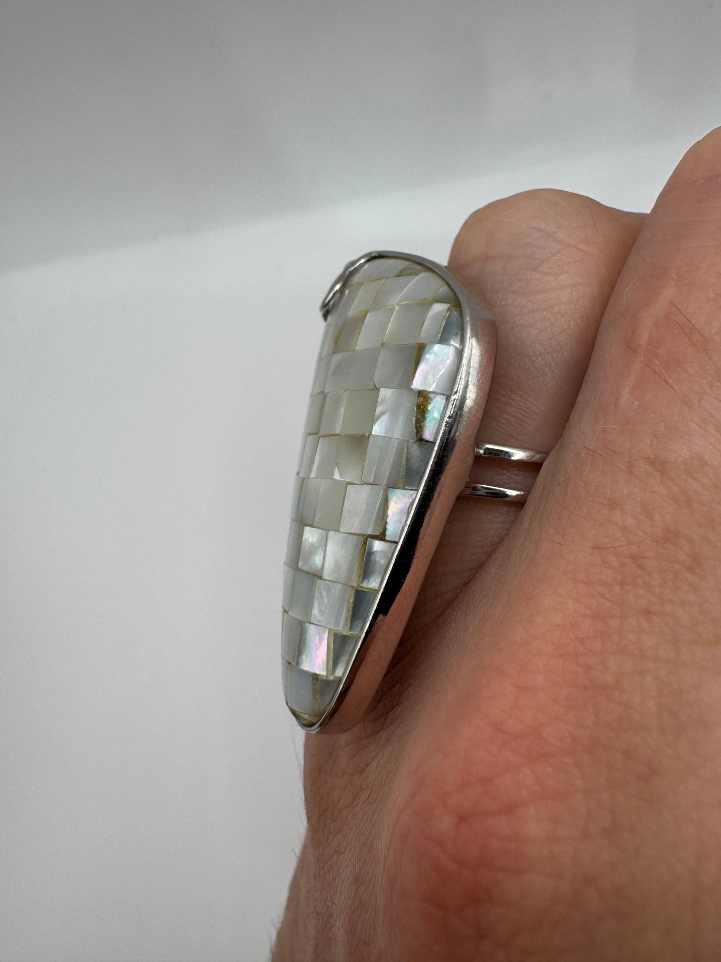 Silver abalone and mother of pearl ring