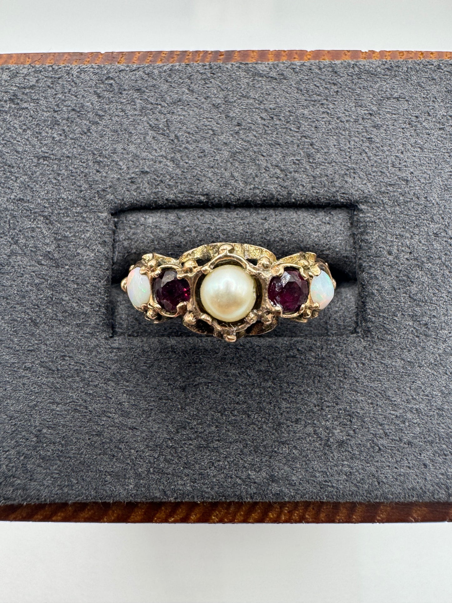 9ct gold pearl, ruby and opal ring