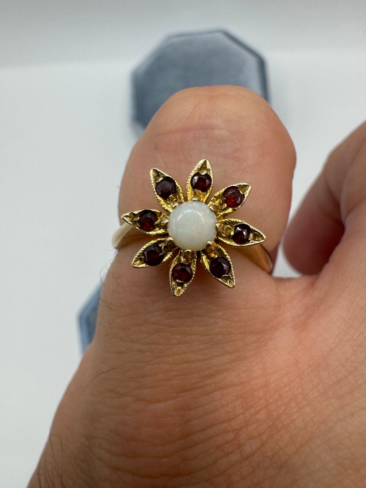 9ct gold opal and garnet flower ring
