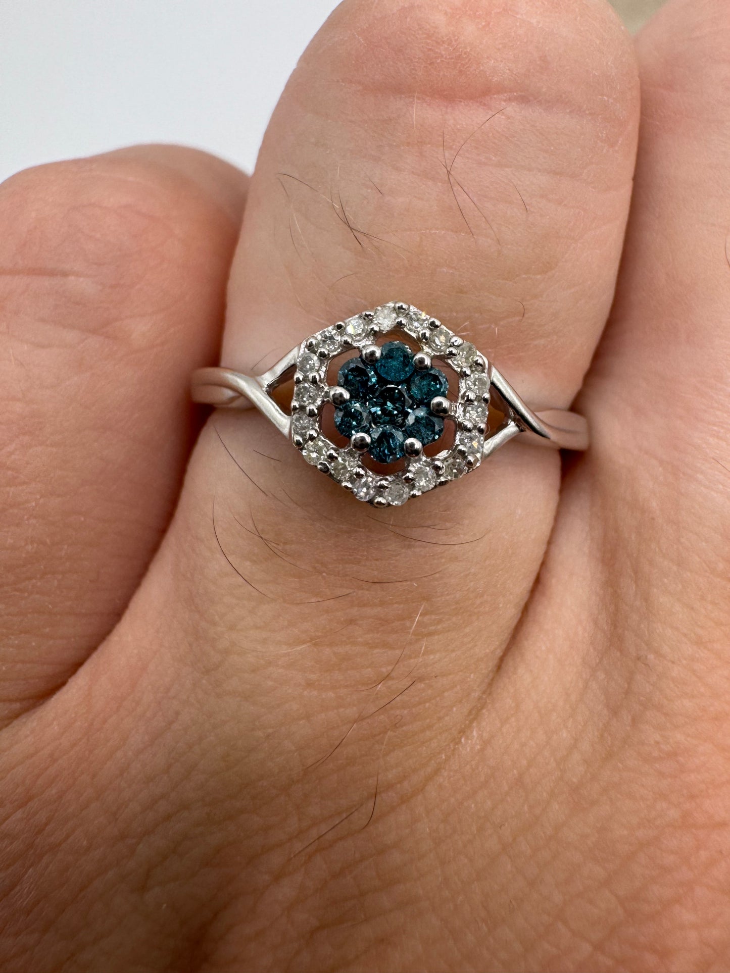 9ct white gold blue and white diamond cluster ring