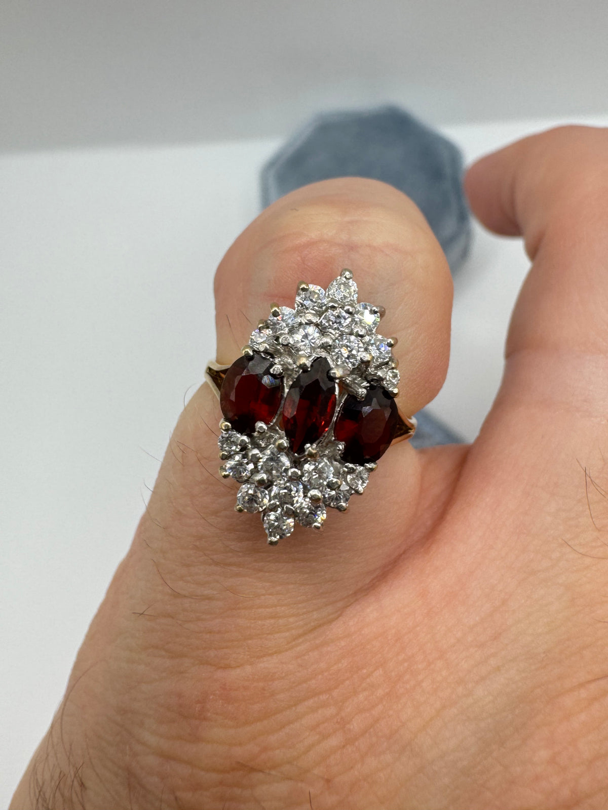 Vintage 9ct gold garnet and zircon cluster ring