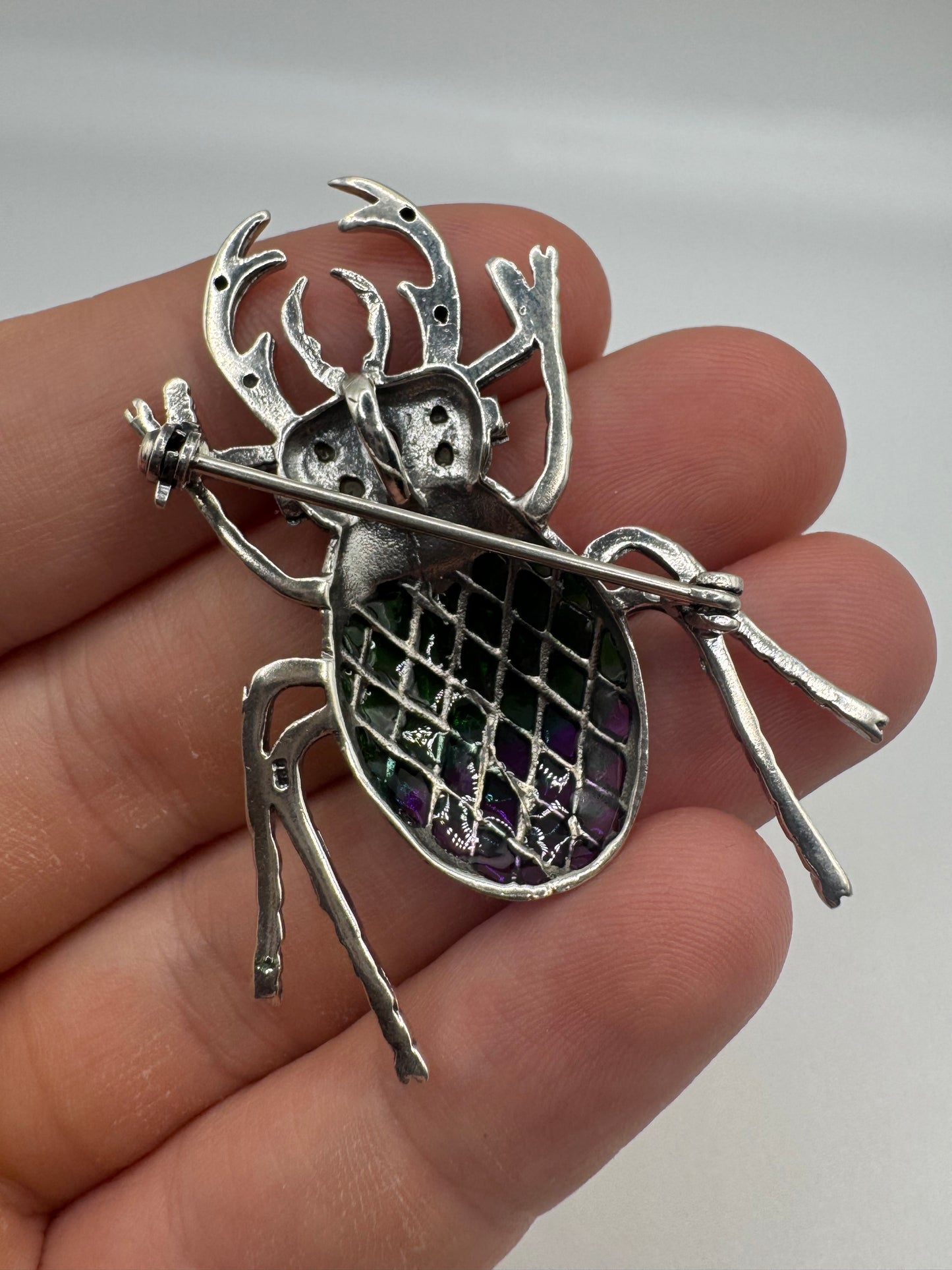 Silver marcasite and enamelled scarab beetle brooch