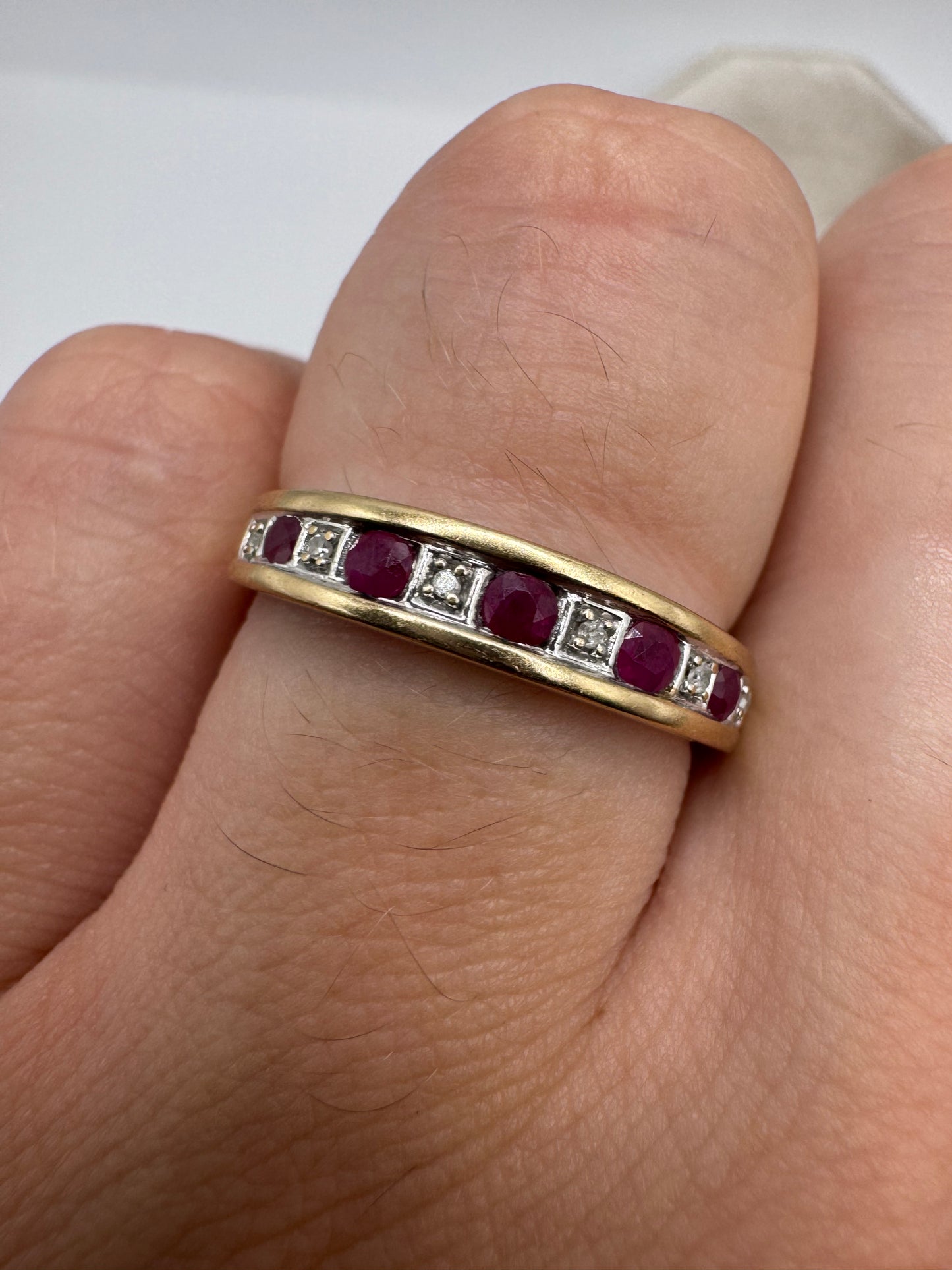 9ct gold ruby and diamond half eternity ring