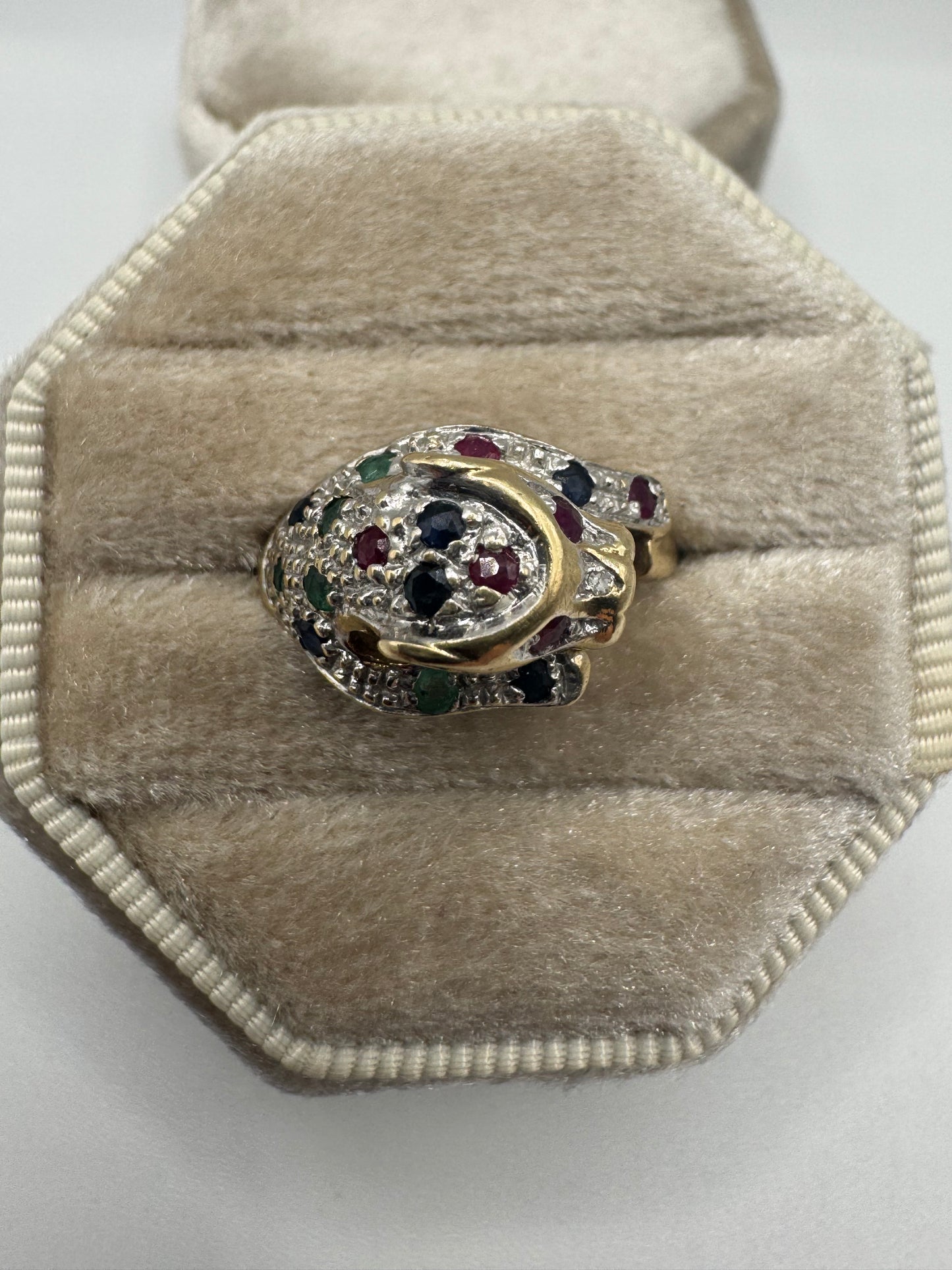 9ct gold ruby, sapphire, emerald and diamond leopard ring