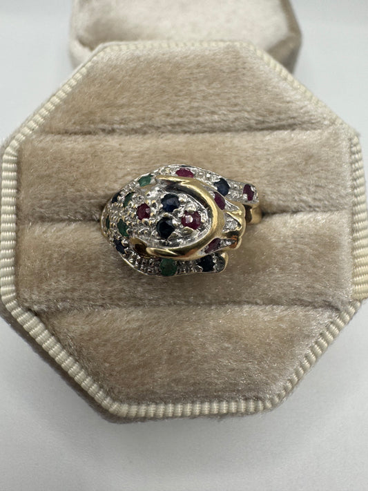 9ct gold ruby, sapphire, emerald and diamond leopard ring