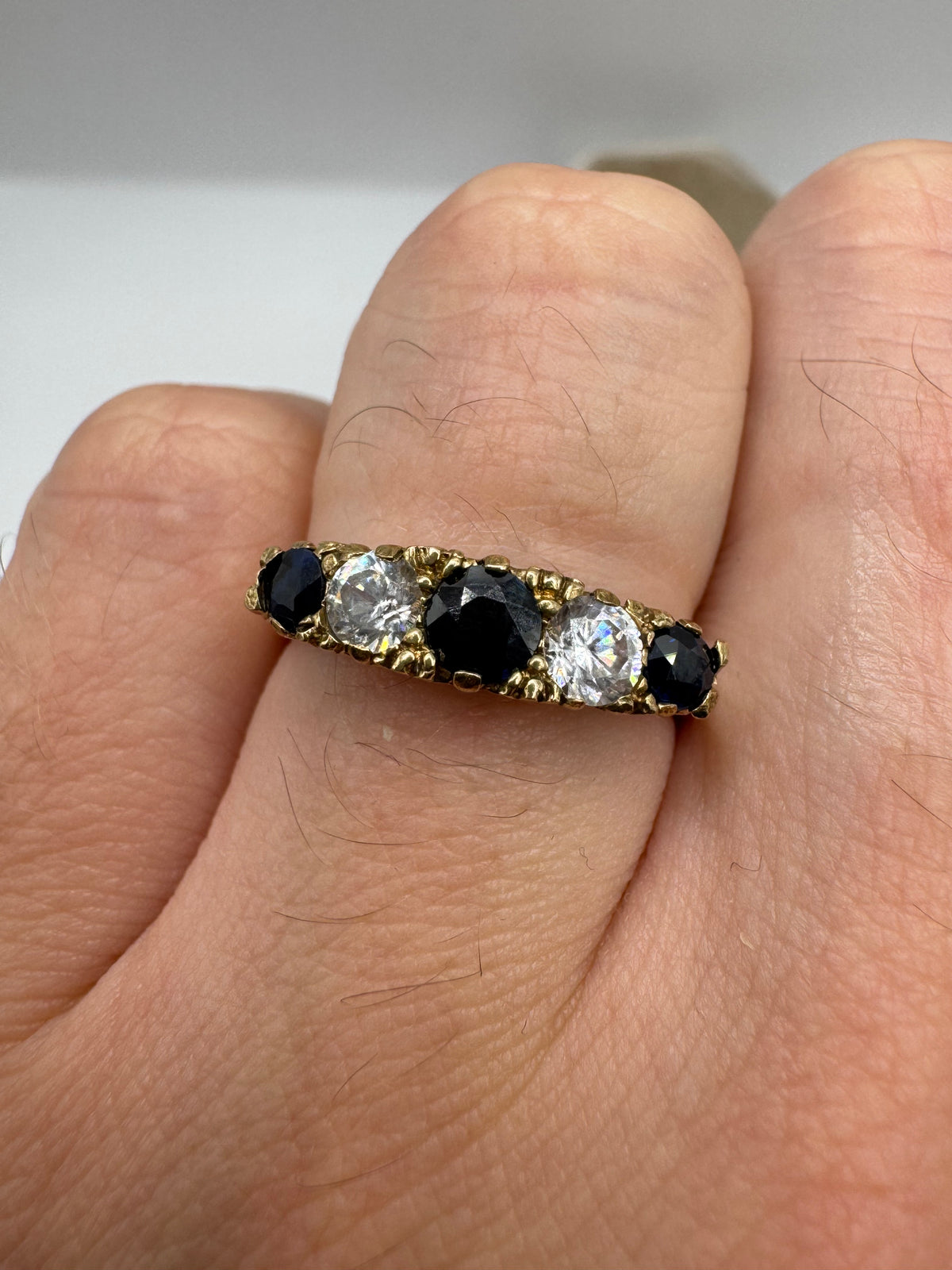 Vintage 9ct gold sapphire and white topaz ring