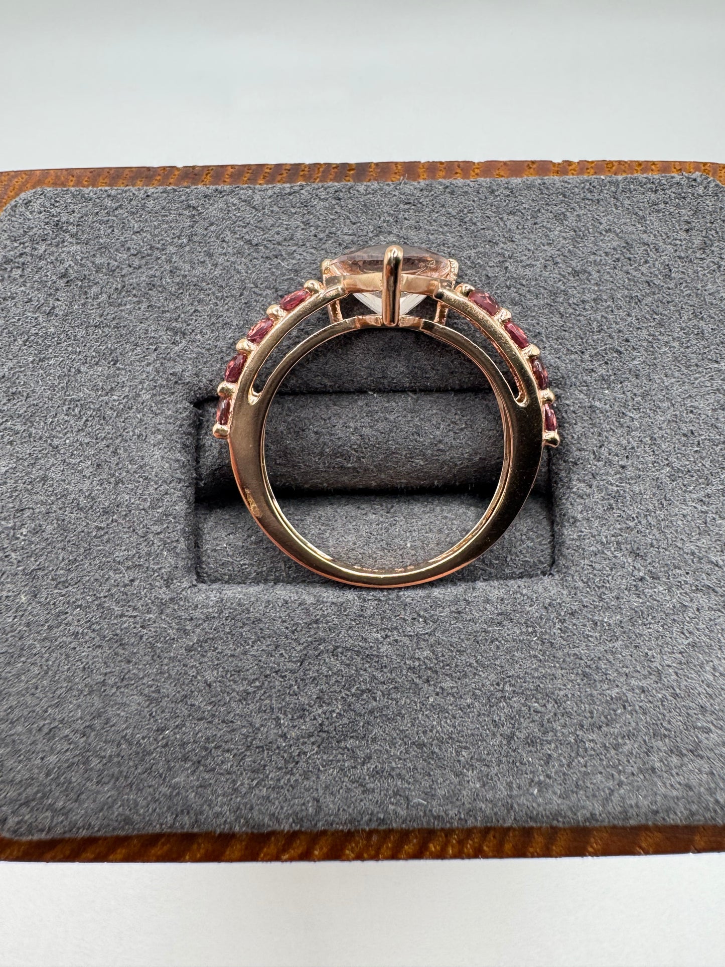 9ct rose gold morganite and pink sapphire half eternity ring
