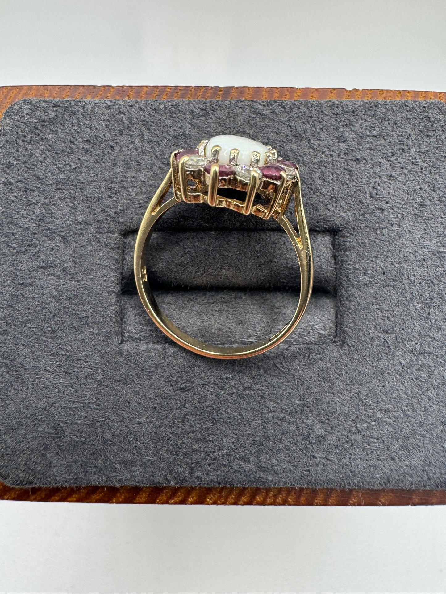 9ct gold opal, ruby and cz cluster ring