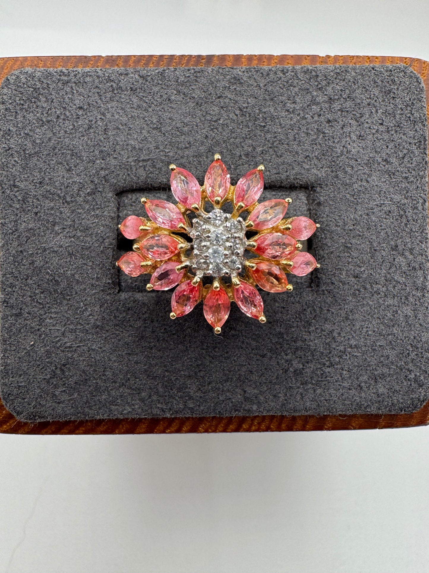 9ct gold padparadscha sapphire and diamond cluster ring