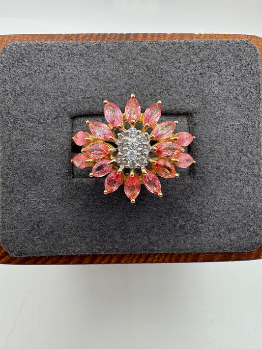 9ct gold padparadscha sapphire and diamond cluster ring