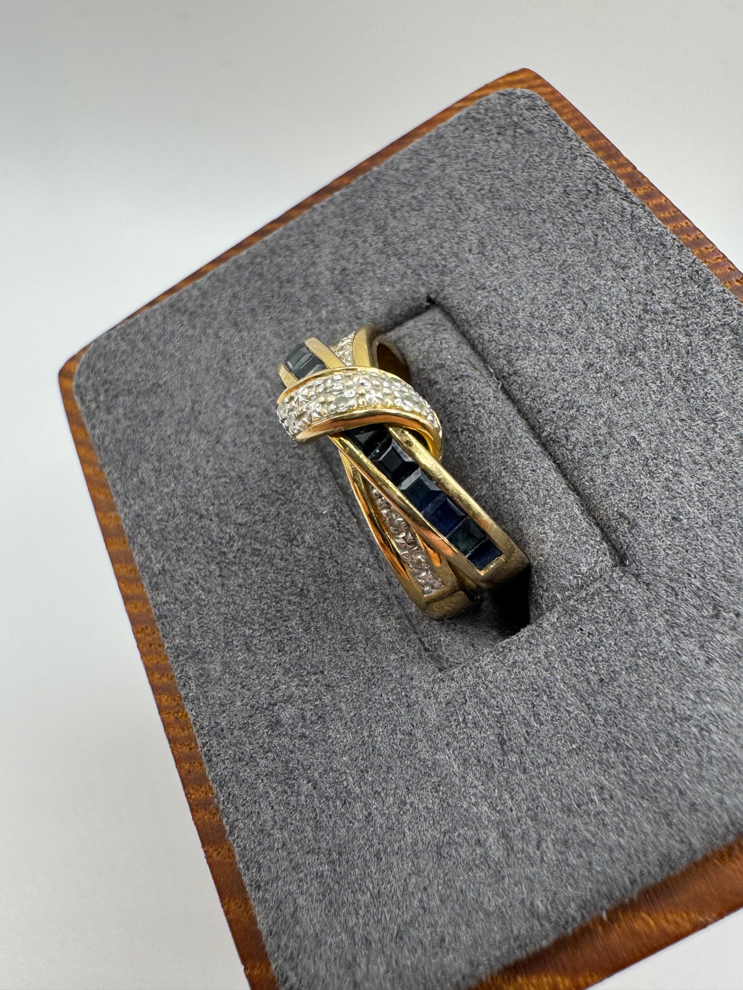 9ct gold sapphire and diamond crossover ring