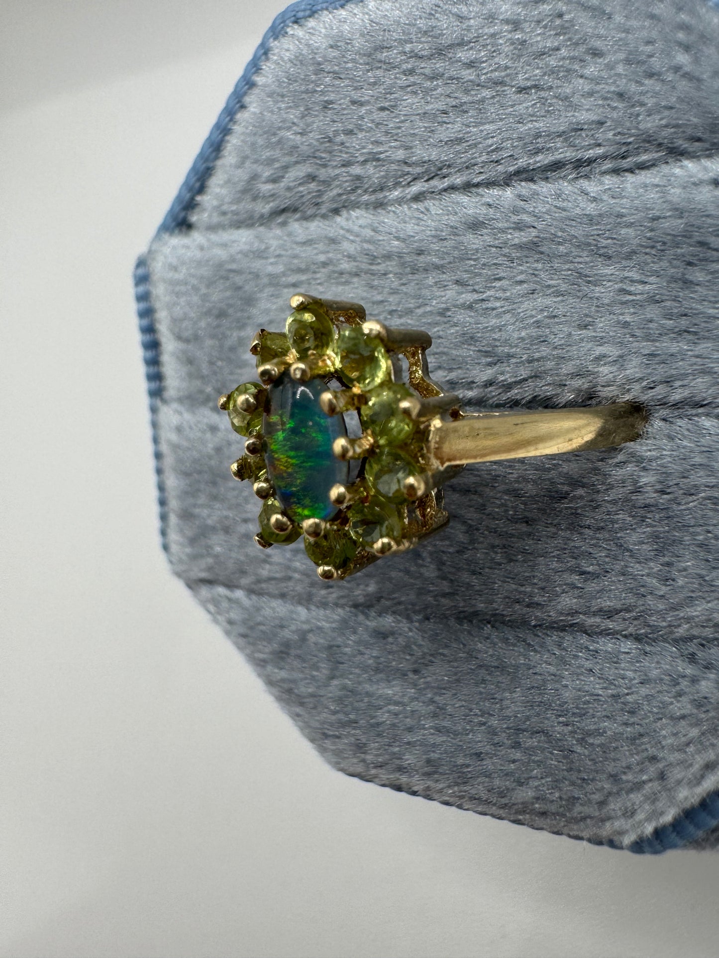 9ct gold black opal triplet and peridot ring