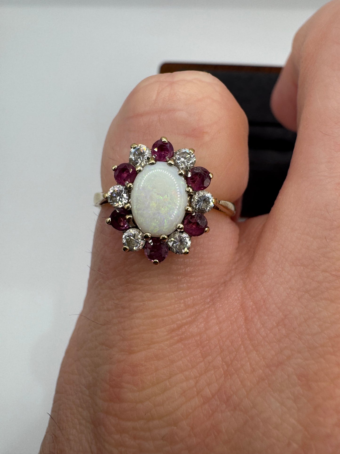 9ct gold opal, ruby and cz cluster ring