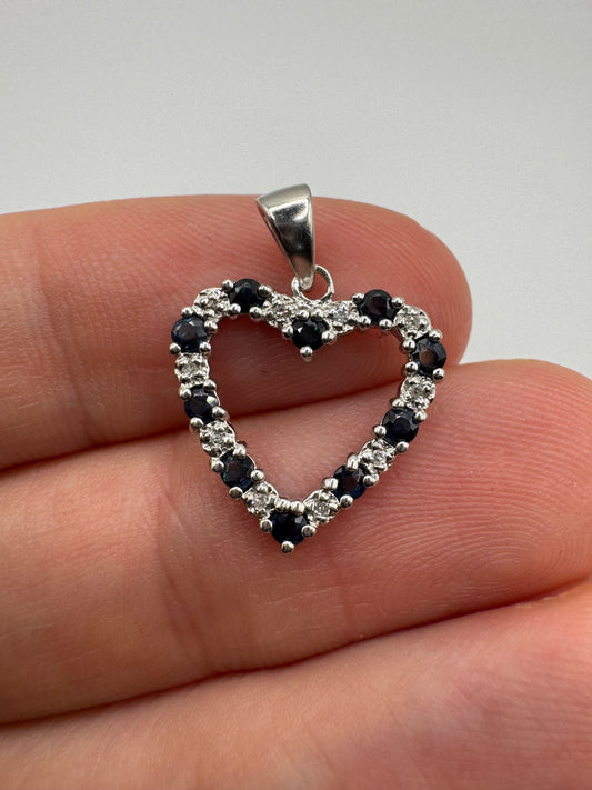 9ct white gold sapphire and diamond heart pendant
